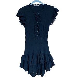 Rebecca Taylor Black Cotton Silk Eyelet Ruffle Tiered Mini Dress Womens Size 8